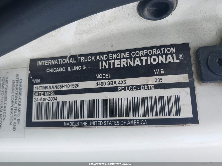 2005 International 4000 4400 VIN: 1HTMKAAN85H101925 Lot: 43260263