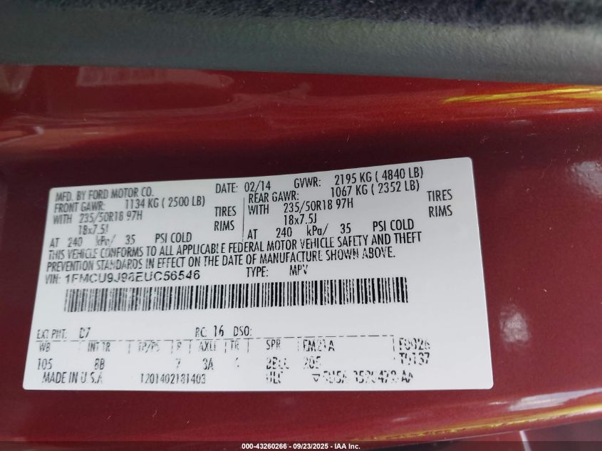 2014 Ford Escape Titanium VIN: 1FMCU9J98EUC56546 Lot: 43260266