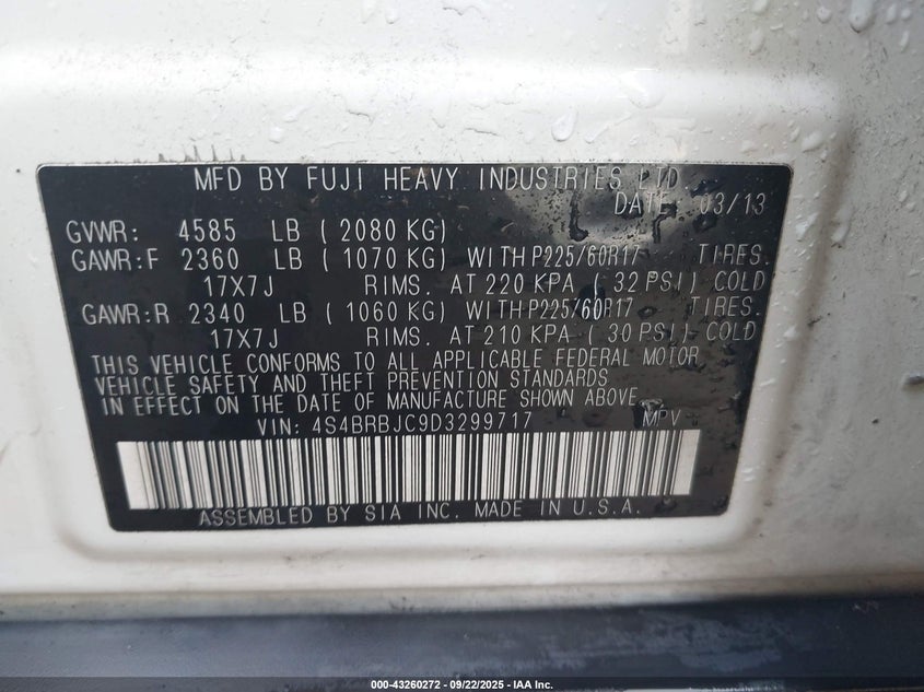 2013 SUBARU OUTBACK 2.5I LIMITED - 4S4BRBJC9D3299717