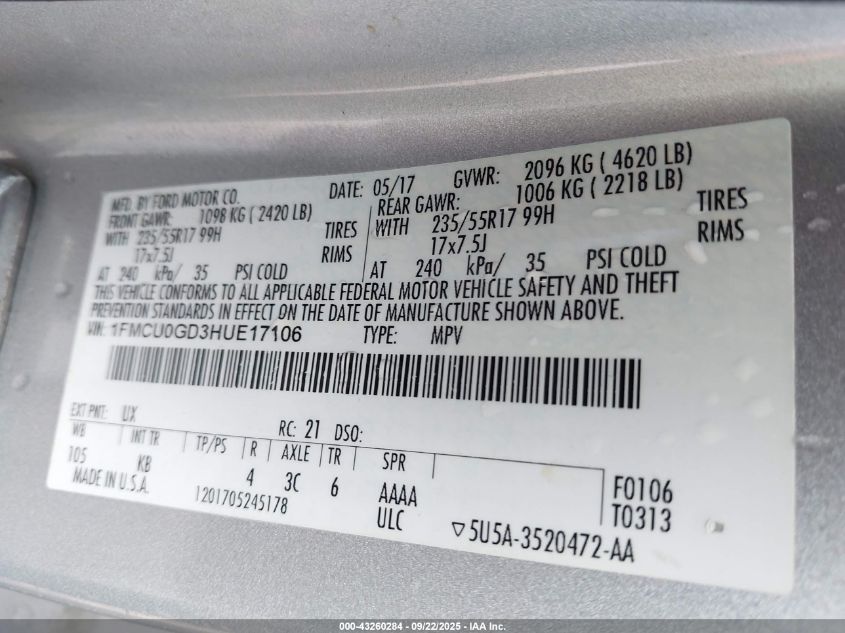 2017 Ford Escape Se VIN: 1FMCU0GD3HUB17106 Lot: 43260284