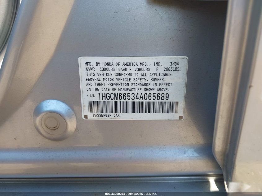 2004 Honda Accord 3.0 Ex VIN: 1HGCM66534A065689 Lot: 43260294