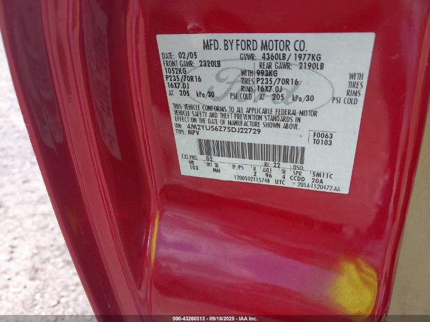 2005 Mercury Mariner Convenience VIN: 4M2YU56Z75DJ22729 Lot: 43260313