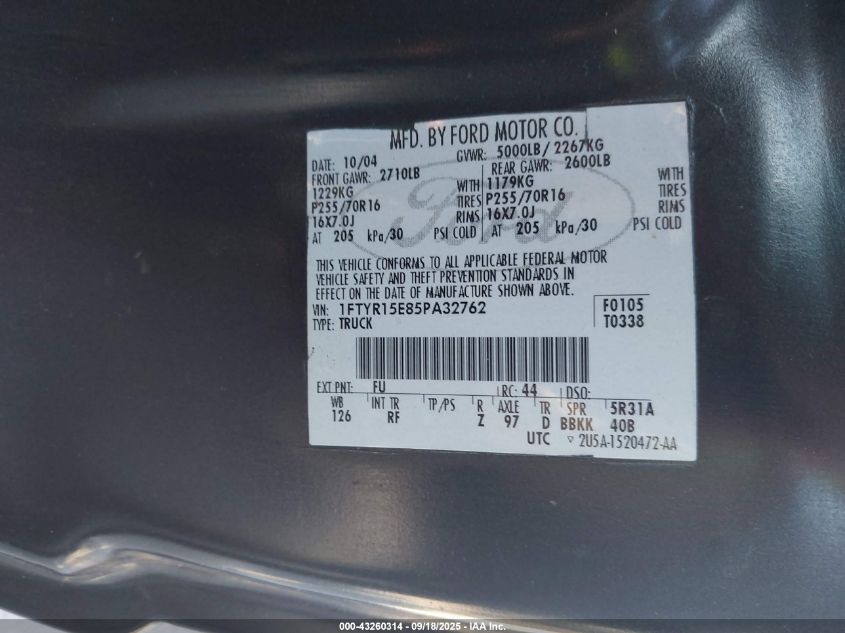 2005 Ford Ranger Edge/Xl/Xlt VIN: 1FTYR15E85PA32762 Lot: 43260314