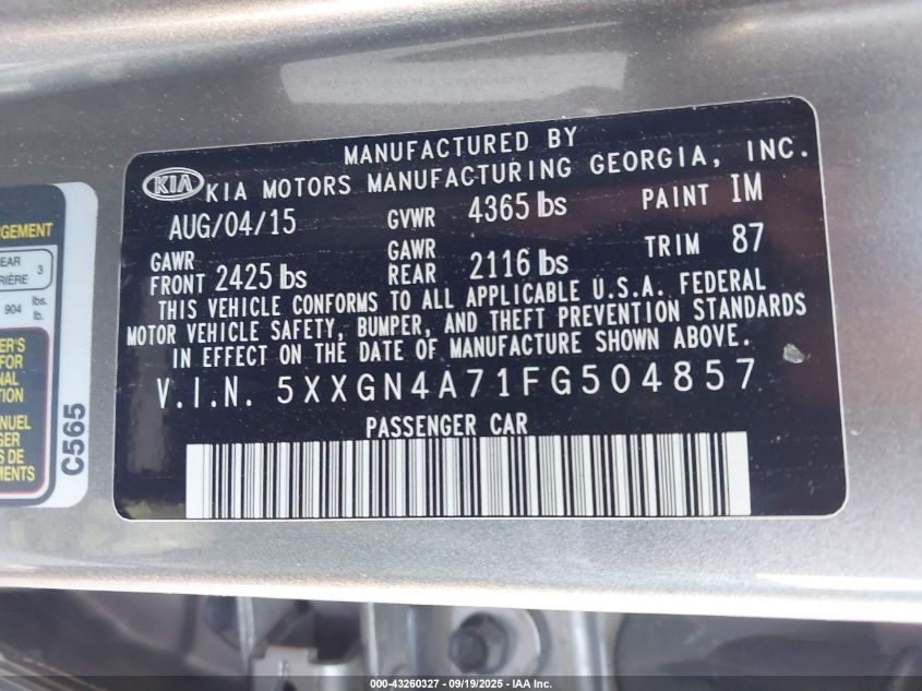 2015 Kia Optima Ex VIN: 5XXGN4A71FG504857 Lot: 43260327