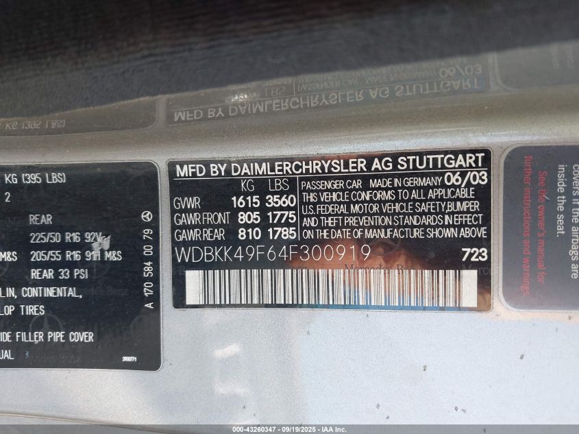2004 Mercedes-Benz Slk 230 Kompressor VIN: WDBKK49F64F300919 Lot: 43260347