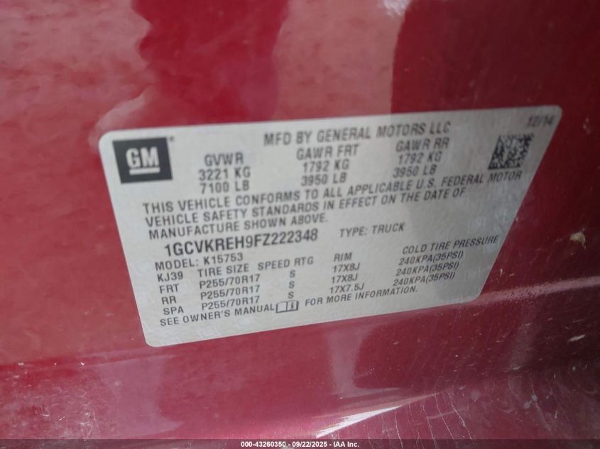 2015 Chevrolet Silverado 1500 1Lt VIN: 1GCVKREH9FZ222348 Lot: 43260350