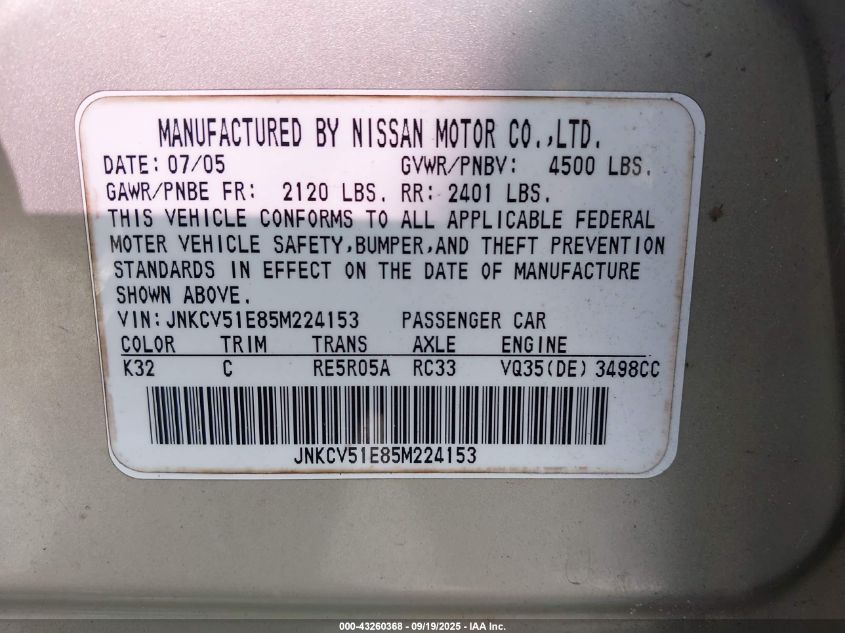 2005 Infiniti G35 VIN: JNKCV51E85M224153 Lot: 43260368