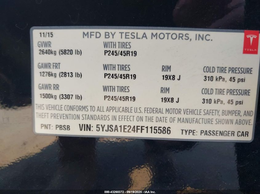 2015 Tesla Model S 70D/85D/P85D VIN: 5YJSA1E24FF115586 Lot: 43260372