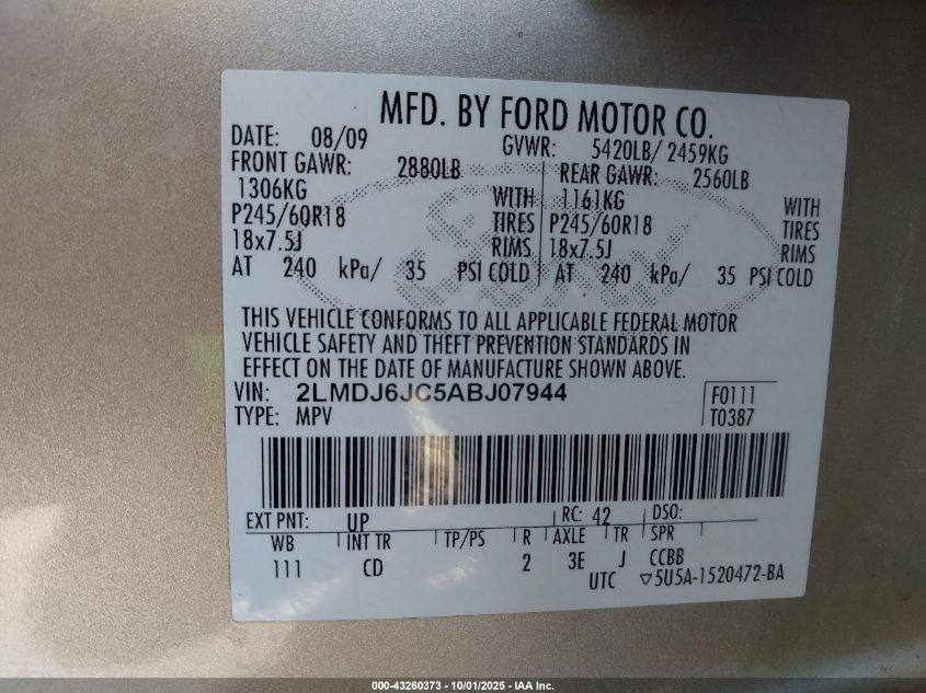 2010 Lincoln Mkx VIN: 2LMDJ6JC5ABJ07944 Lot: 43260373