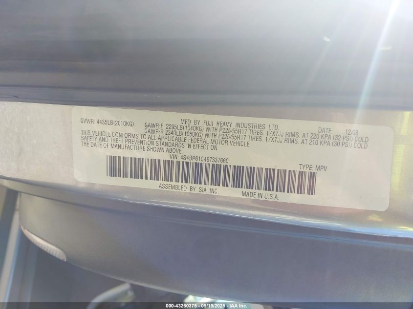 2009 Subaru Outback 2.5I VIN: 4S4BP61C497337660 Lot: 43260375