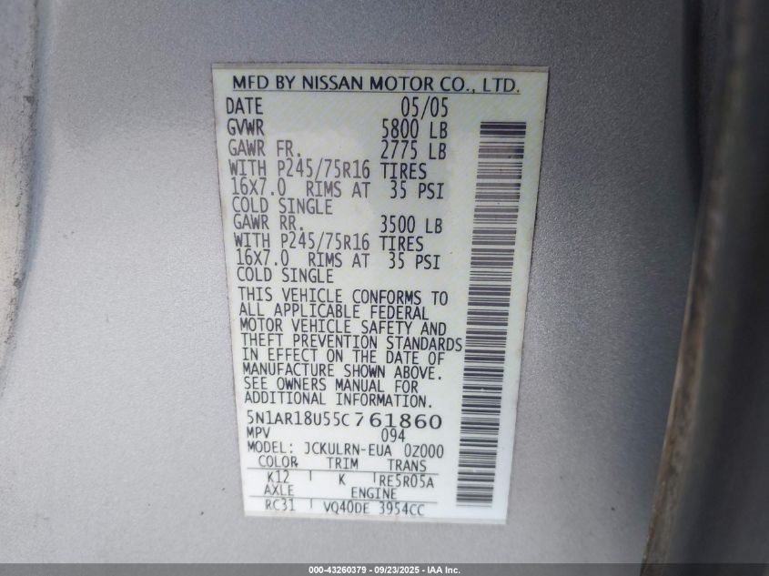 2005 Nissan Pathfinder Xe VIN: 5N1AR18U55C761860 Lot: 43260379