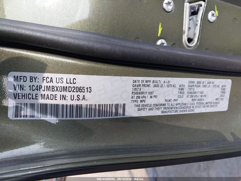 2021 Jeep Cherokee Trailhawk 4X4 VIN: 1C4PJMBX0MD206513 Lot: 43260392