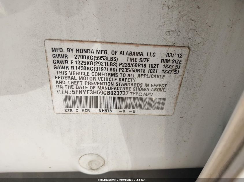 2012 Honda Pilot Ex-L VIN: 5FNYF3H59CB023737 Lot: 43260396