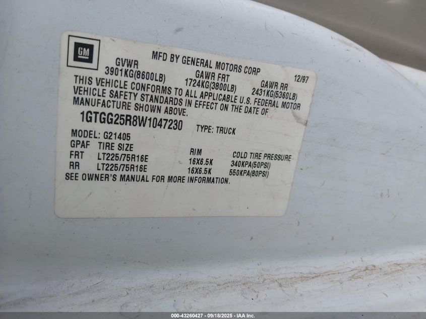 1998 GMC Savana Standard VIN: 1GTGG25R8W1047230 Lot: 43260427