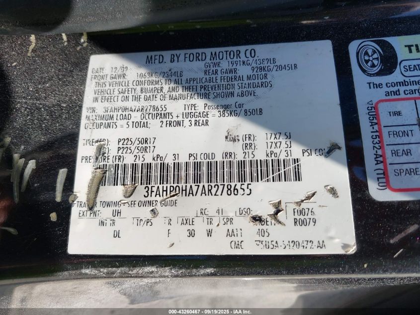 2010 Ford Fusion Se VIN: 3FAHP0HA7AR278655 Lot: 43260467