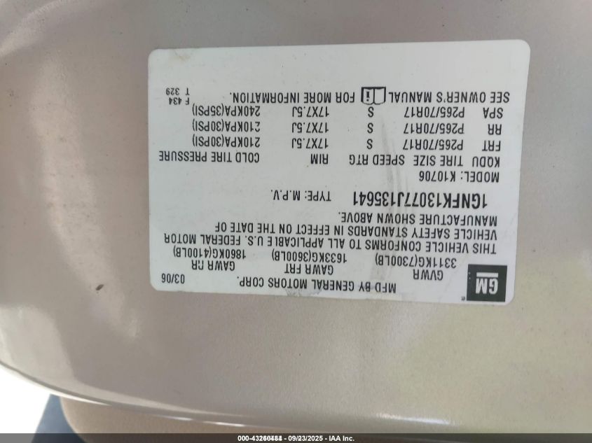 2007 Chevrolet Tahoe Lt VIN: 1GNFK13077J135641 Lot: 43260484