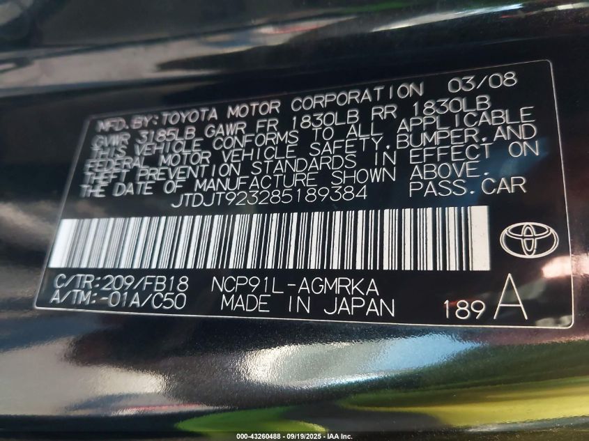 2008 Toyota Yaris VIN: JTDJT923285189384 Lot: 43260488