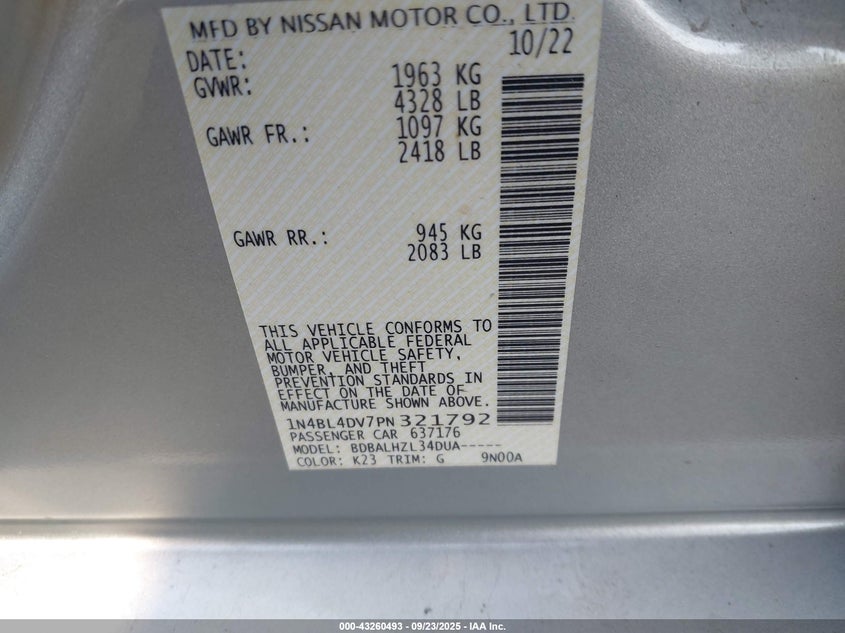 2023 NISSAN ALTIMA SV FWD - 1N4BL4DV7PN321792