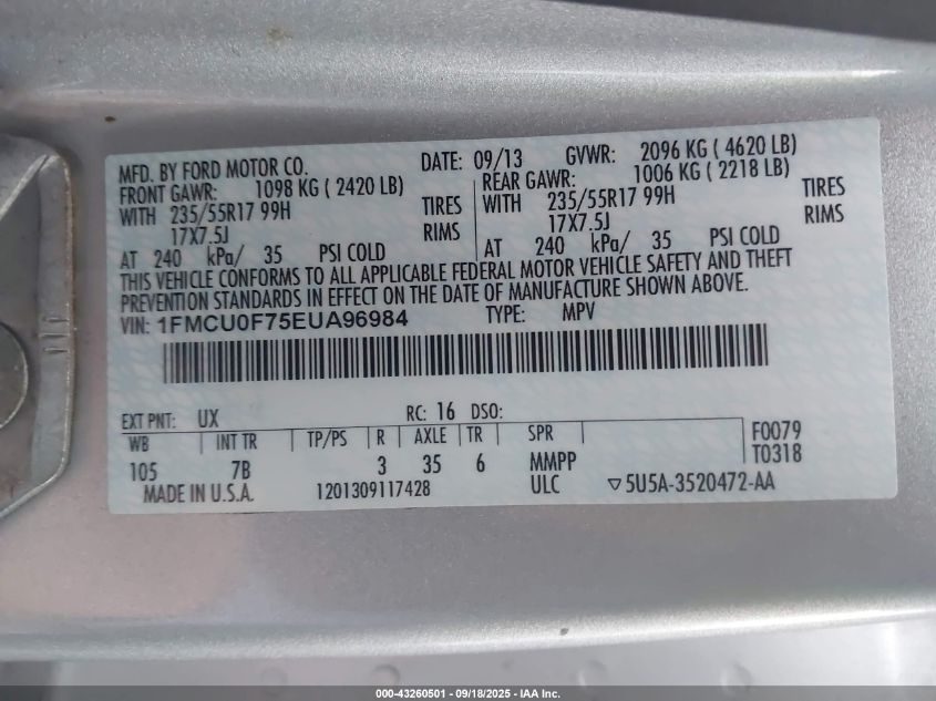 2014 Ford Escape S VIN: 1FMCU0F75EUA96984 Lot: 43260501