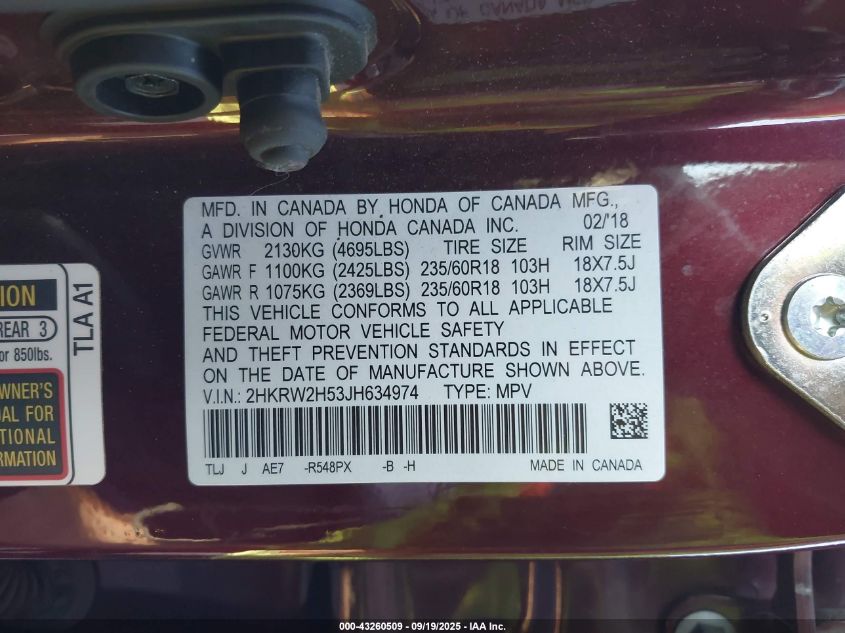 2018 Honda Cr-V Ex VIN: 2HKRW2H53JH634974 Lot: 43260509