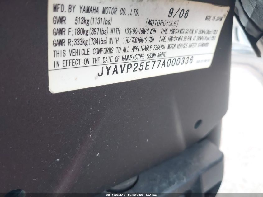 2007 Yamaha Xvs1300 Ct VIN: JYAVP25E77A000336 Lot: 43260516