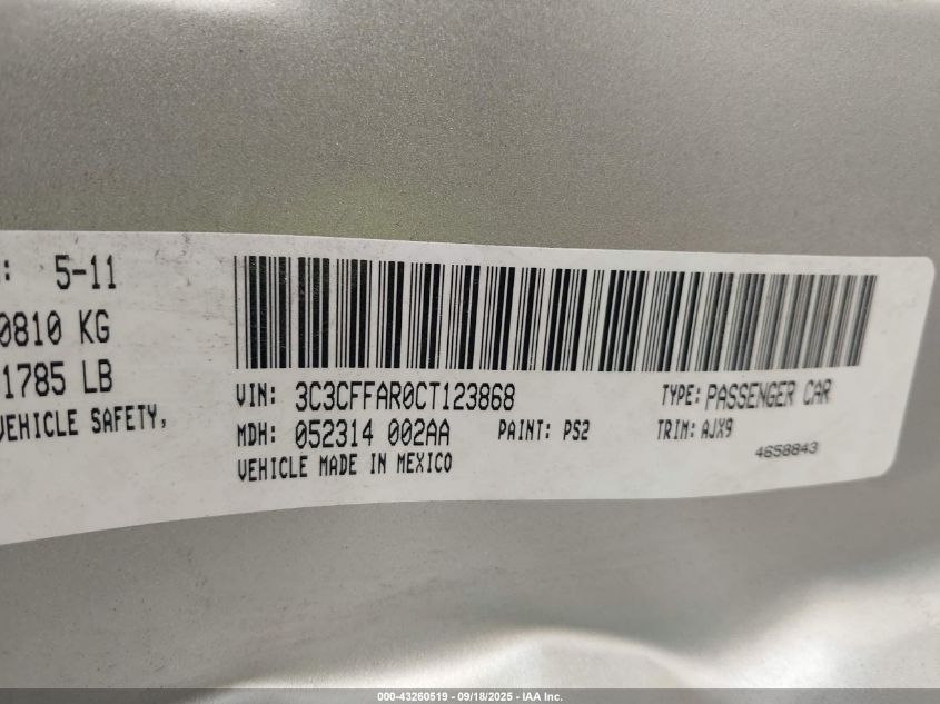 2012 Fiat 500 Pop VIN: 3C3CFFAR0CT123868 Lot: 43260519