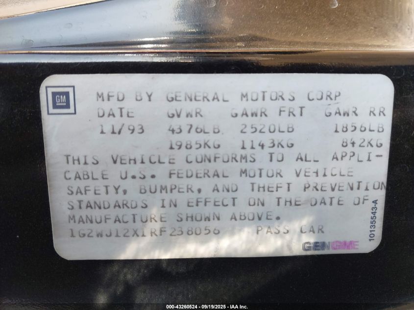 1994 Pontiac Grand Prix Se VIN: 1G2WJ12X1RF238056 Lot: 43260524