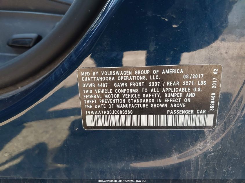 2018 Volkswagen Passat 2.0T R-Line/2.0T S VIN: 1VWAA7A30JC003268 Lot: 43260528