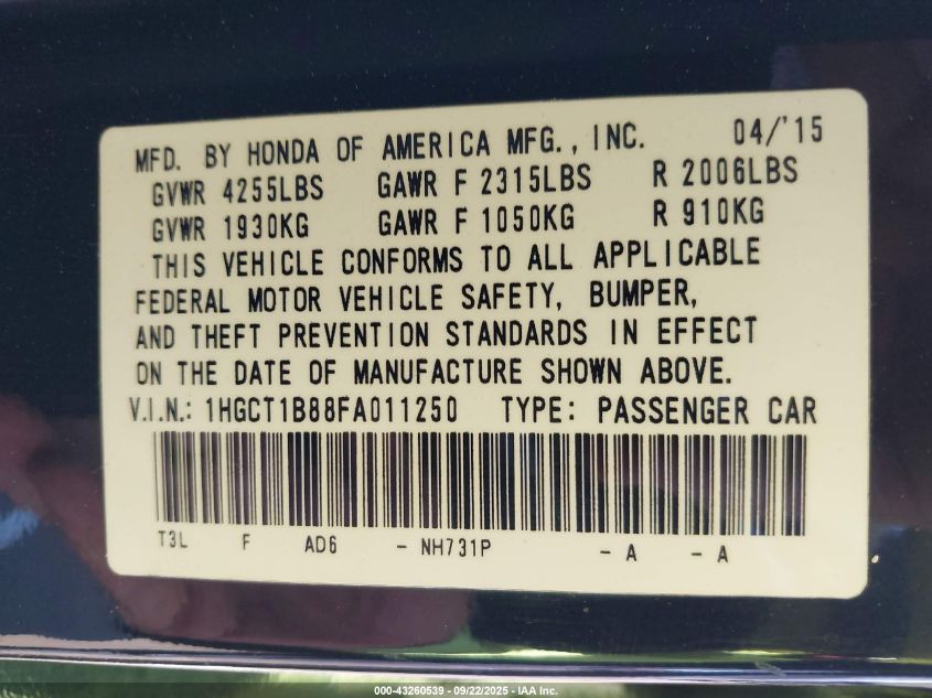 2015 Honda Accord Ex-L VIN: 1HGCT1B88FA011250 Lot: 43260539