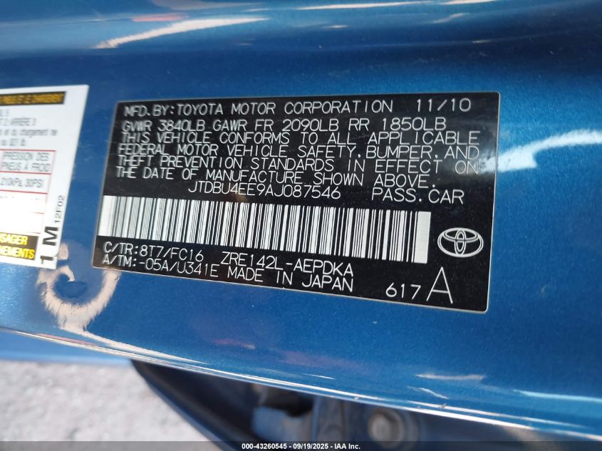 2010 Toyota Corolla Le VIN: JTDBU4EE9AJ087546 Lot: 43260545