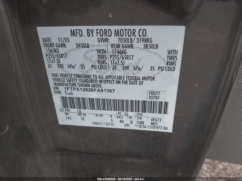 2006 Ford F-150 Lariat/Xl/Xlt VIN: 1FTPX12526FA51367 Lot: 43260552