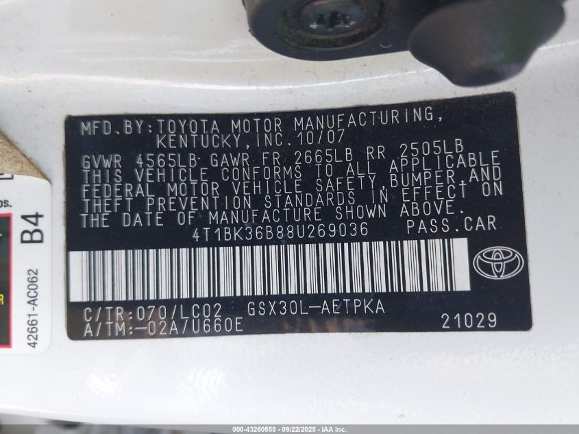 2008 Toyota Avalon Limited VIN: 4T1BK36B88U269036 Lot: 43260558