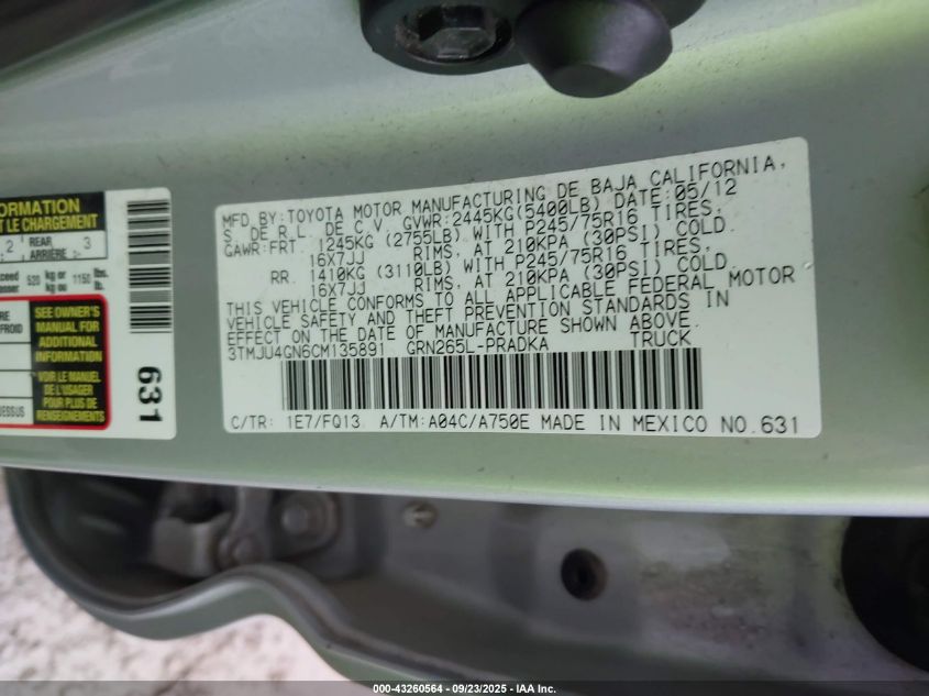 2012 Toyota Tacoma Prerunner V6 VIN: 3TMJU4GN6CM135891 Lot: 43260564