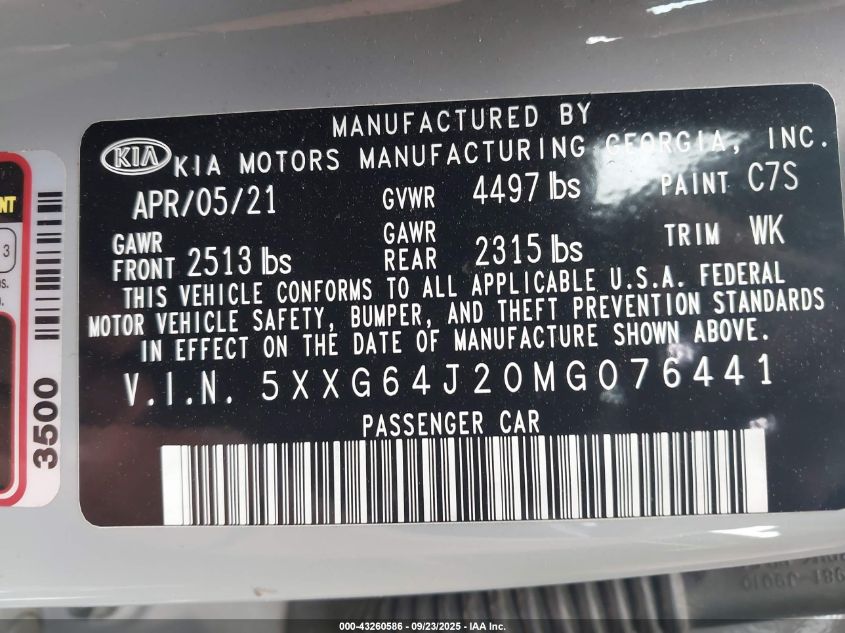 2021 Kia K5 Gt-Line VIN: 5XXG64J20MG076441 Lot: 43260586