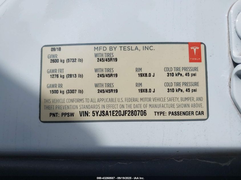 2018 Tesla Model S 100D/75D/P100D VIN: 5YJSA1E20JF280706 Lot: 43260587