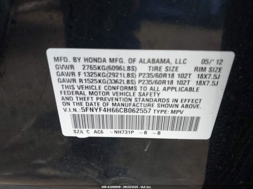2012 Honda Pilot Ex-L VIN: 5FNYF4H66CB062557 Lot: 43260589