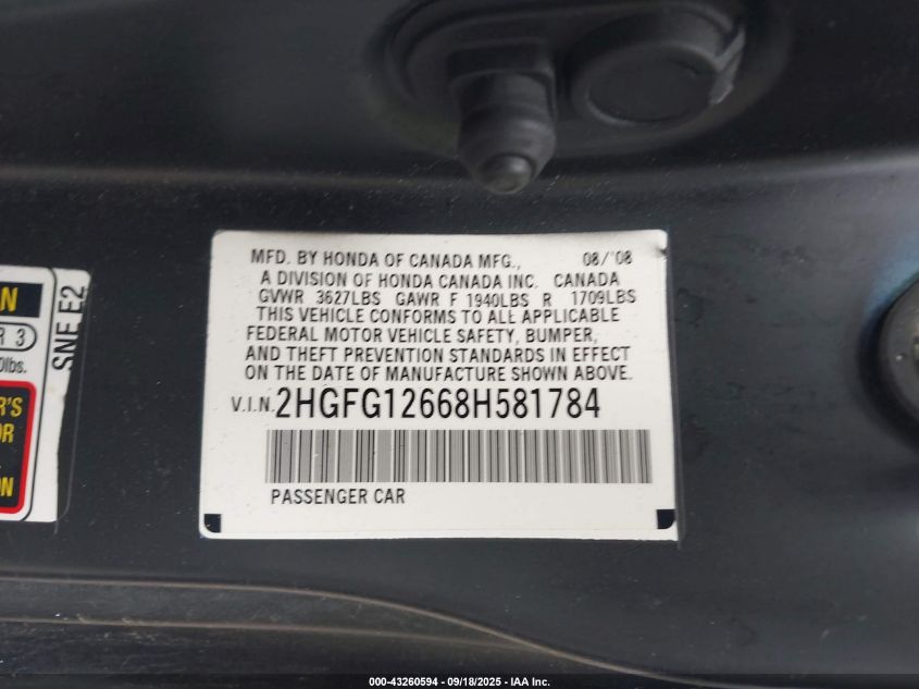 2008 Honda Civic Lx VIN: 2HGFG12668H581784 Lot: 43260594