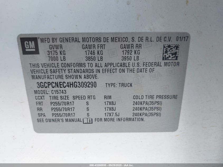 2017 Chevrolet Silverado 1500 Wt VIN: 3GCPCNEC4HG309290 Lot: 43260595