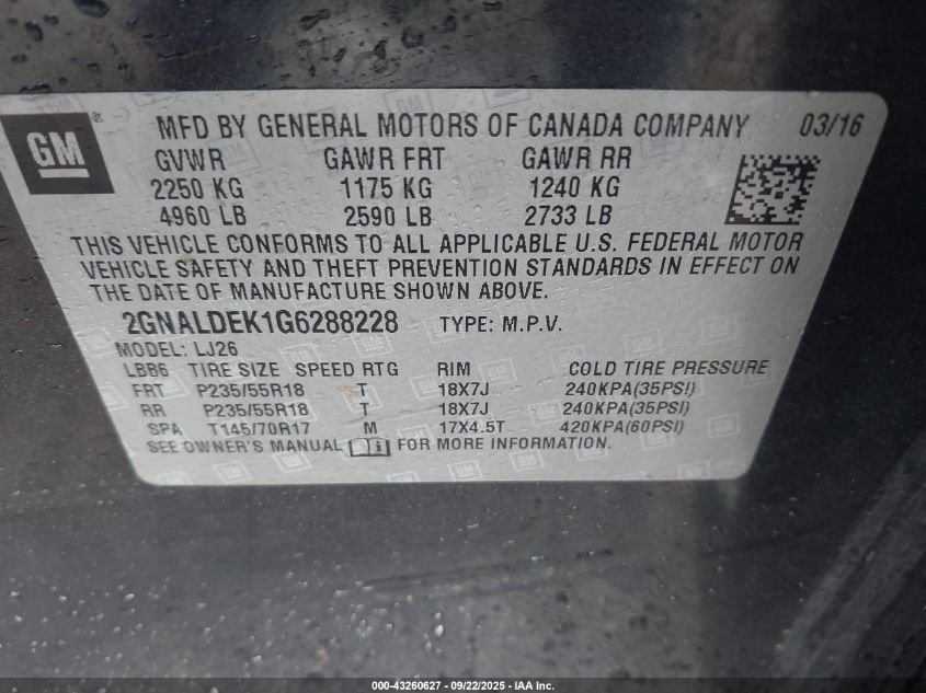 2016 Chevrolet Equinox Ltz VIN: 2GNALDEK1G6288228 Lot: 43260627