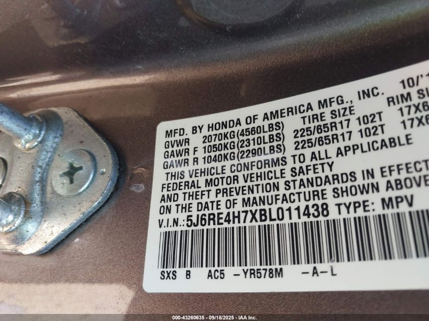 2011 Honda Cr-V Ex-L VIN: 5J6RE4H7XBL011438 Lot: 43260635