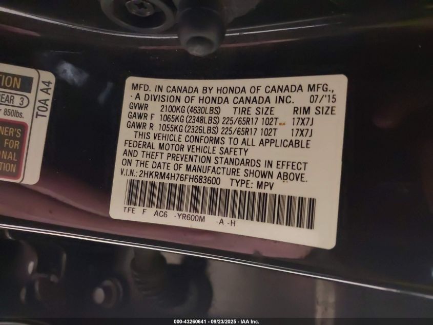 2015 Honda Cr-V Ex-L VIN: 2HKRM4H76FH683600 Lot: 43260641