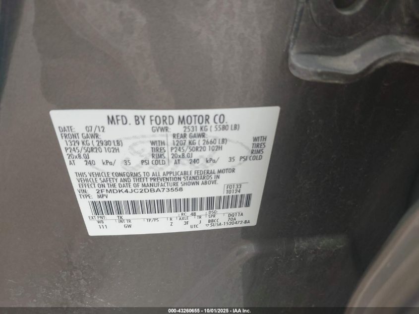 2013 Ford Edge Sel VIN: 2FMDK4JC2DBA73558 Lot: 43260655