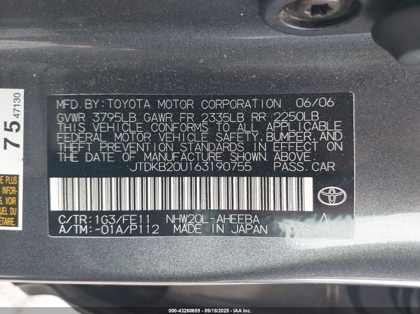 2006 Toyota Prius VIN: JTDKB20U163190755 Lot: 43260659