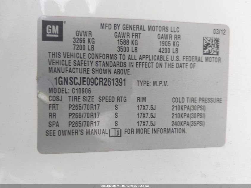 2012 Chevrolet Suburban 1500 Lt VIN: 1GNSCJE09CR261391 Lot: 43260671