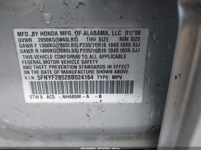 2008 Honda Pilot Ex-L VIN: 5FNYF28528B024164 Lot: 43260693