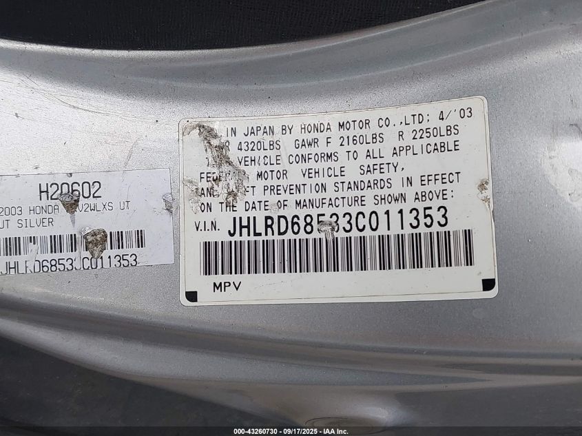 2003 Honda Cr-V Lx VIN: JHLRD68533C011353 Lot: 43260730