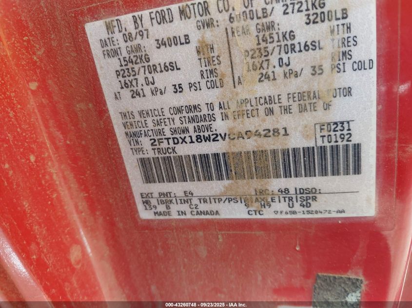 1997 Ford F150 VIN: 2FTDX18W2VCA94281 Lot: 43260748