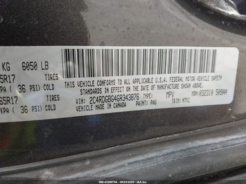 2016 Dodge Grand Caravan Se Plus VIN: 2C4RDGBG4GR343876 Lot: 43260754