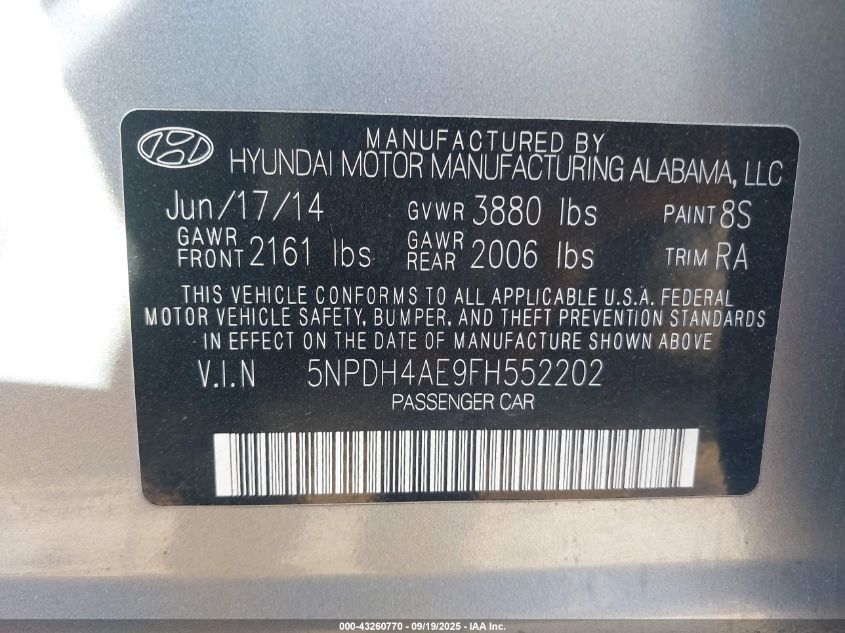 2015 Hyundai Elantra Se VIN: 5NPDH4AE9FH552202 Lot: 43260770