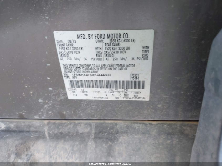 2014 Ford Police Interceptor VIN: 1FM5K8AR0EGA44800 Lot: 43260779